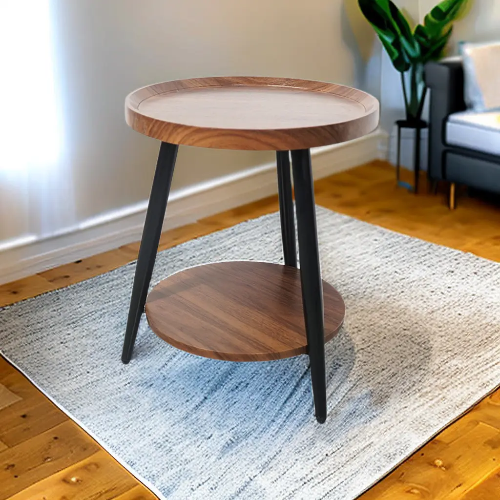 लिविंग रूम और बेडरूम एंड टेबल के लिए मजबूत स्टील फ्रेम एमडीएफ लकड़ी के फर्नीचर के साथ आधुनिक डिजाइन, गोल लकड़ी की साइड टेबल