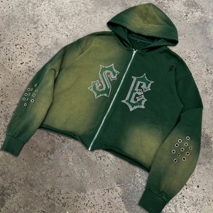 Ağır damla omuz sıkıntılı Zip Hoodie Streetwear boy Rhinestone Hoodie özel baskı Aicd yıkama fermuarlı kapüşonlu eşofman üstü - Product Image 1