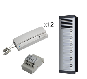 Kits de sistema de entrada de audio por intercomunicación OEM/ODM para edificios de apartamentos múltiples con 12 teléfonos interiores, 1 panel exterior y 1 transformador - Product Image 1