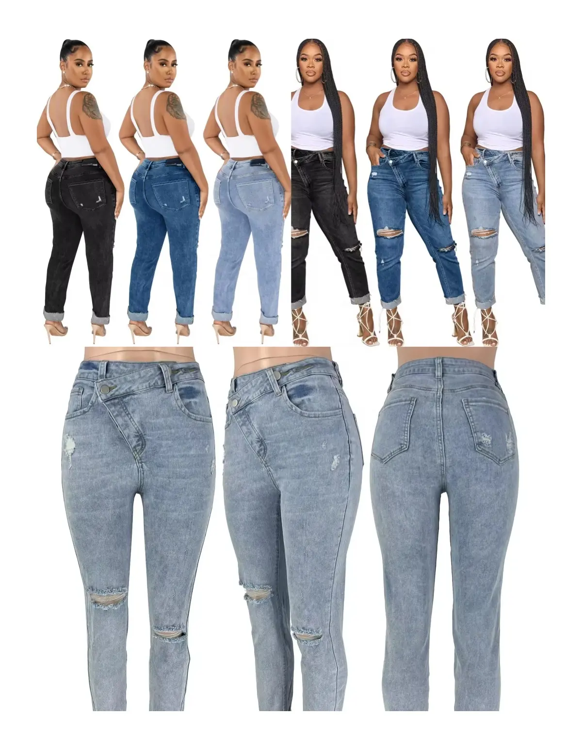 Pantalones vaqueros con botones diagonales para mujer personalizados de talla grande, pantalones vaqueros para mujer viejos ajustados para mujer