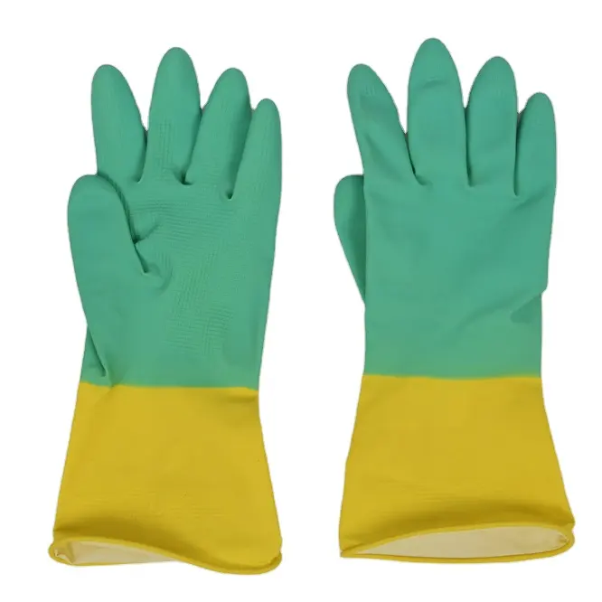 Hochwertige zweifarbige Latex-Reinigungs handschuhe aus grünem und gelbem Gummi für die Haushalts küche