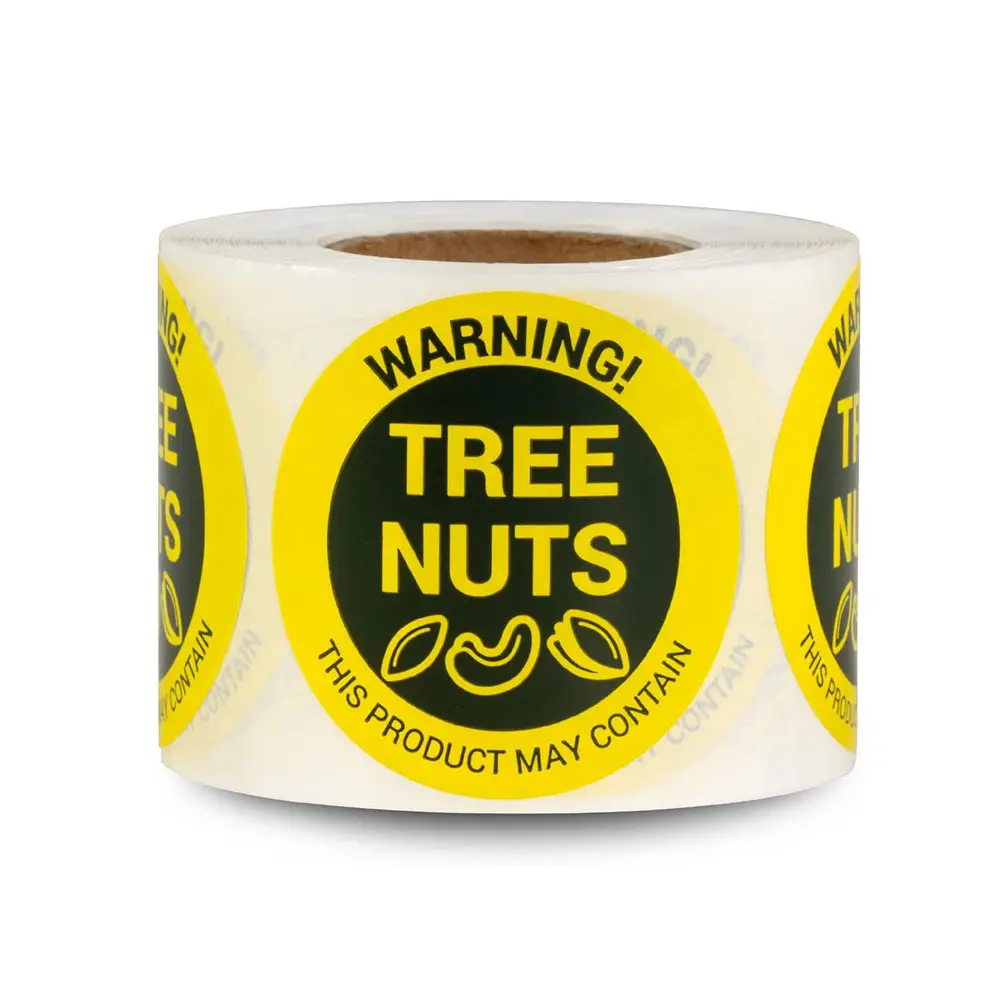 Round Dot Contém rótulos nozes Alerta alérgeno Food Advisory rótulos adesivos para embalagem de alimentos Retail Deli Tree Nuts Aviso