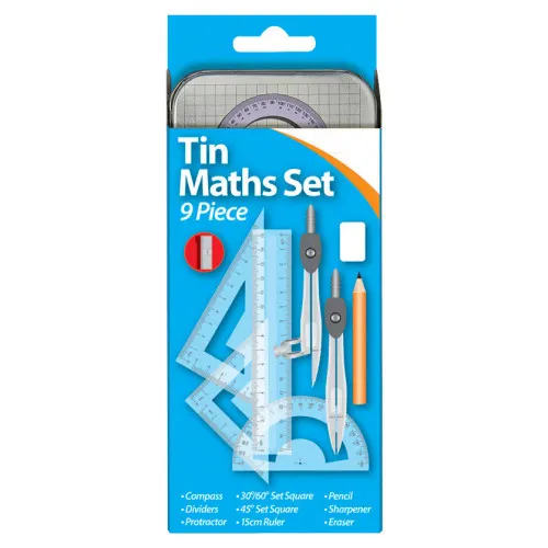 Ensemble de 9 pièces d'outils scolaires de Maths avec un étui de rangement en étain métallique ensemble de boussole d'école géométrie