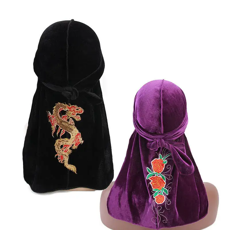 Gorro de cáncer bordado único YOMO al por mayor con Durags de terciopelo de dragón y flores para hombres HE-5124