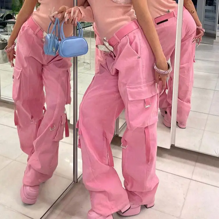 Abbigliamento autunnale pantaloni Cargo Streetwear per donna 2023 pantaloni Casual rosa con tasche pantaloni dritti da donna