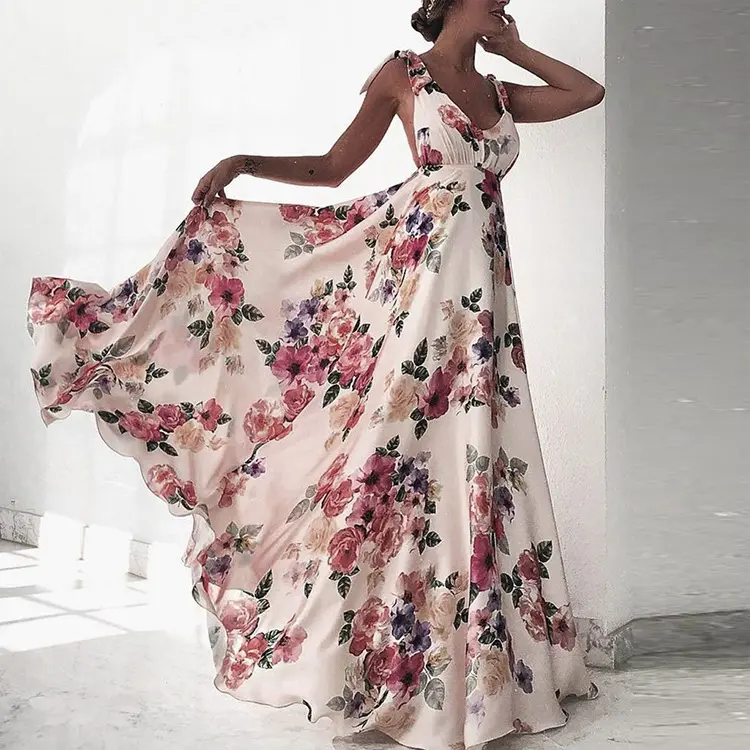 GDTEX Vestido longo feminino com estampa floral elegante e personalizado com costas abertas, vintage, sem mangas, tira de fundo gordo, para cenário variável