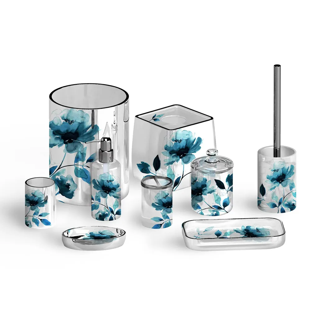 ODM Services Available Glass with flower bathroom accessories home decoration trash can Tissue paper box Tray 9pcs set