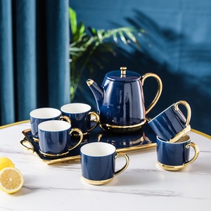 批发茶具和蓝色6个杯子和陶瓷托盘，带金框陶瓷茶具，带泡沫塑料盒和彩色礼品盒 - Product Image 1