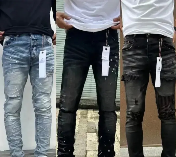 Novedades 2023 ropa de hombre moda vintage Street slim fit jeans personalizados púrpura marca jeans Denim rasgados jeans de hombre