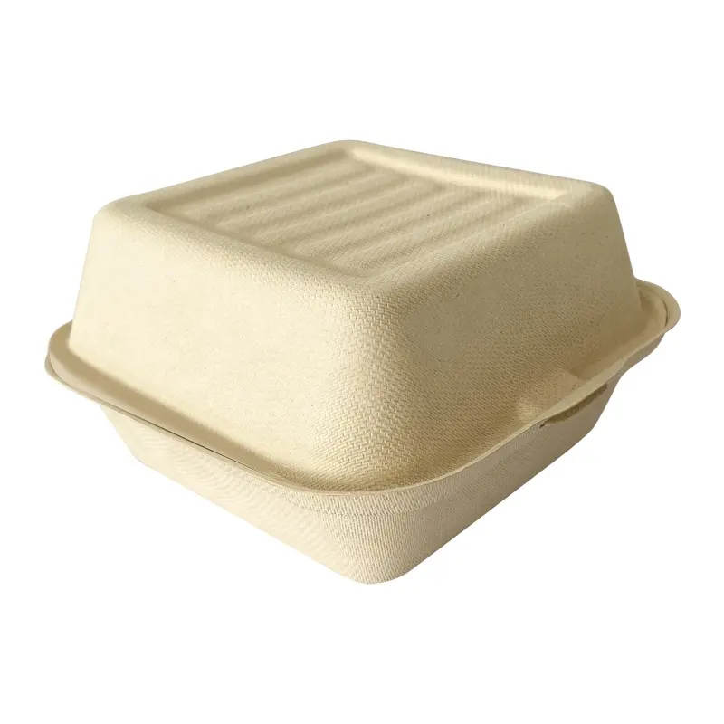 100% Biodegradable Sugarcane Pulp Hamburger Packaging Box Heavy-Duty Compostable Takeout Box with Lid Food Grade Lunch Food Box