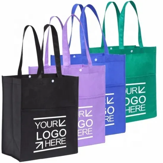 Bolsas de mano plegables con logotipo personalizado, reciclables, no tejidas, con bolsillo