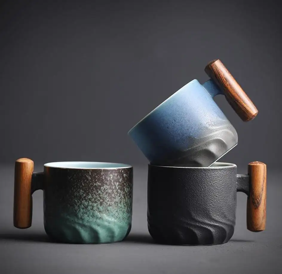 Tazza da tè in ceramica giapponese da 70ml con manico in legno Retro gradiente glassa squisita tazza da ufficio per regali