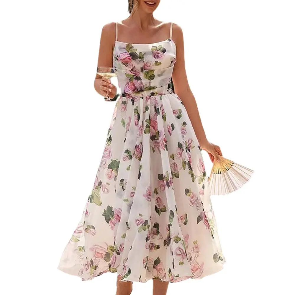 Summer New Fashion Rose Print Mid-Length Suspender Causal Women Dress