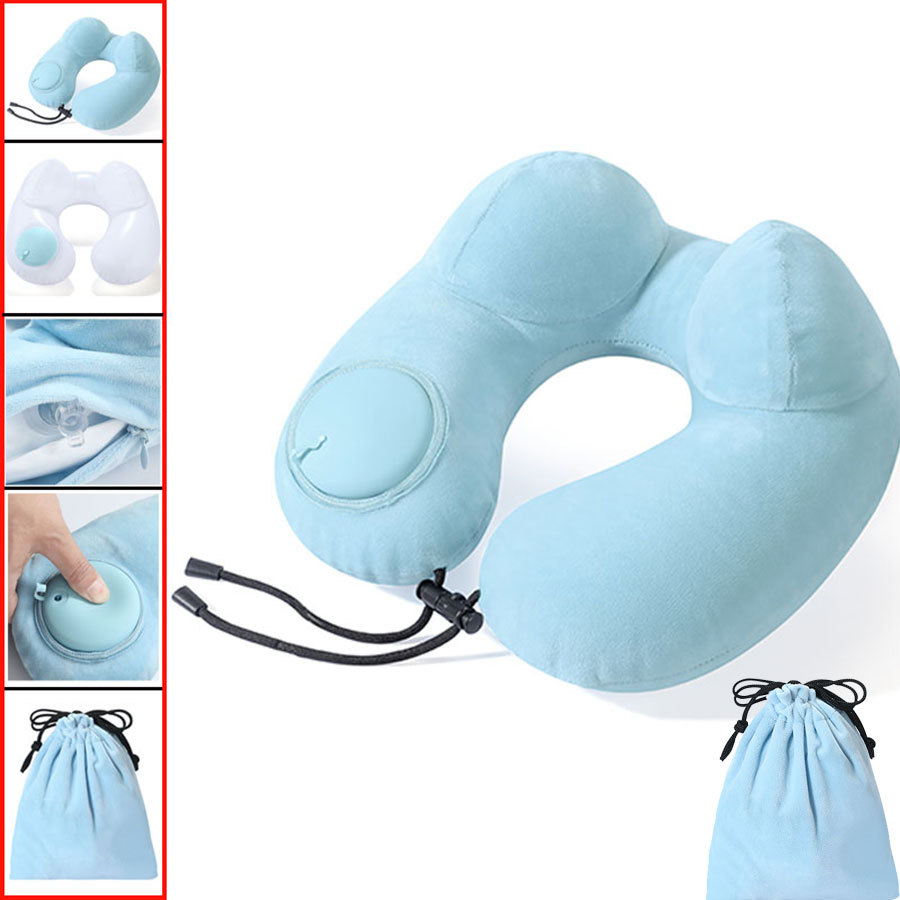 Sky Blue Camel Hump Inflatable Travel Pillow Storage Bag
