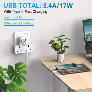 UKCA UK Multi Plug Extension Adapter 2-Wege-Stecker-Extender mit Überspannung schutz 2AC-Steckdose und 2USBA 2USBC-Telefon ladegerät