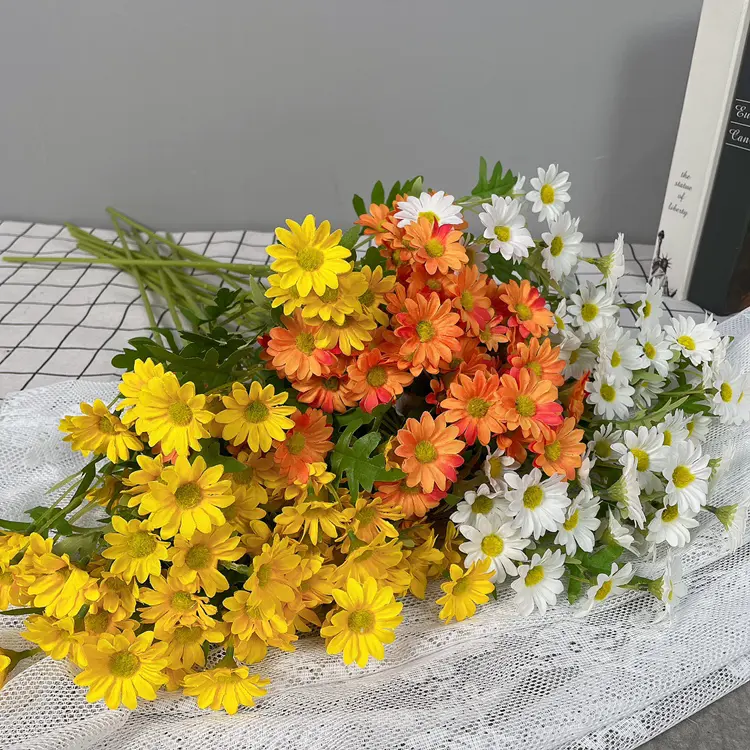 Buquê de flores artificiais de seda, pequeno buquê de decoração de flores em seda, laranja e branco