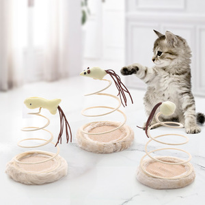 热卖亚麻毛绒底座带弹簧猫预告球老鼠鱼形状圆盘猫抓板互动猫玩具 - Product Image 1