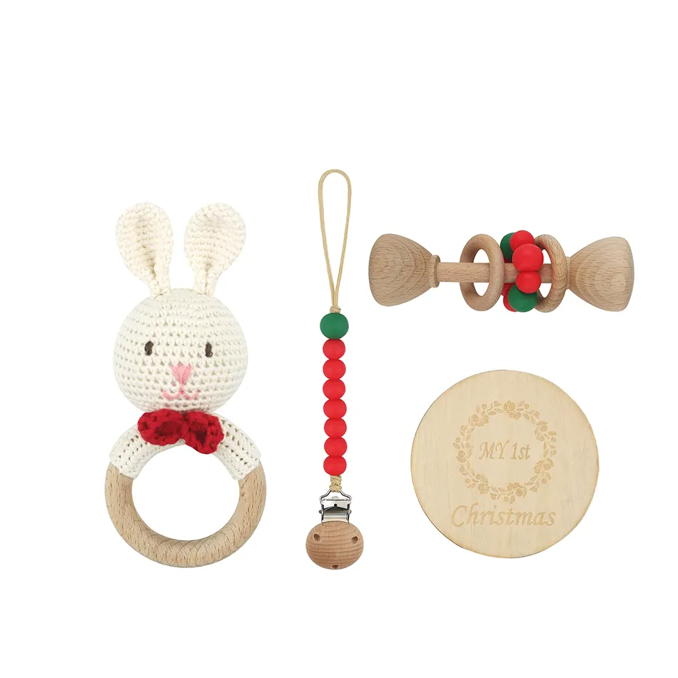 Juego de regalo de la serie de Navidad de bebé de diseño personalizado, clip de chupete de silicona, barra de madera, conejito de ganchillo, juego de regalo de juguete de silicona
