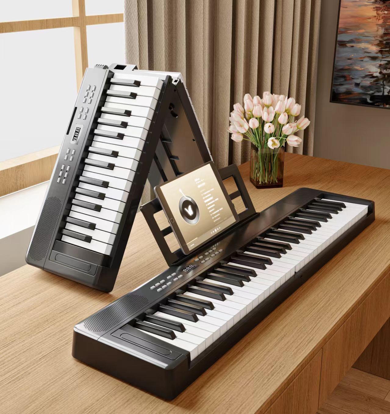 black-61 key folding piano-basic bluetooth lights-three optional