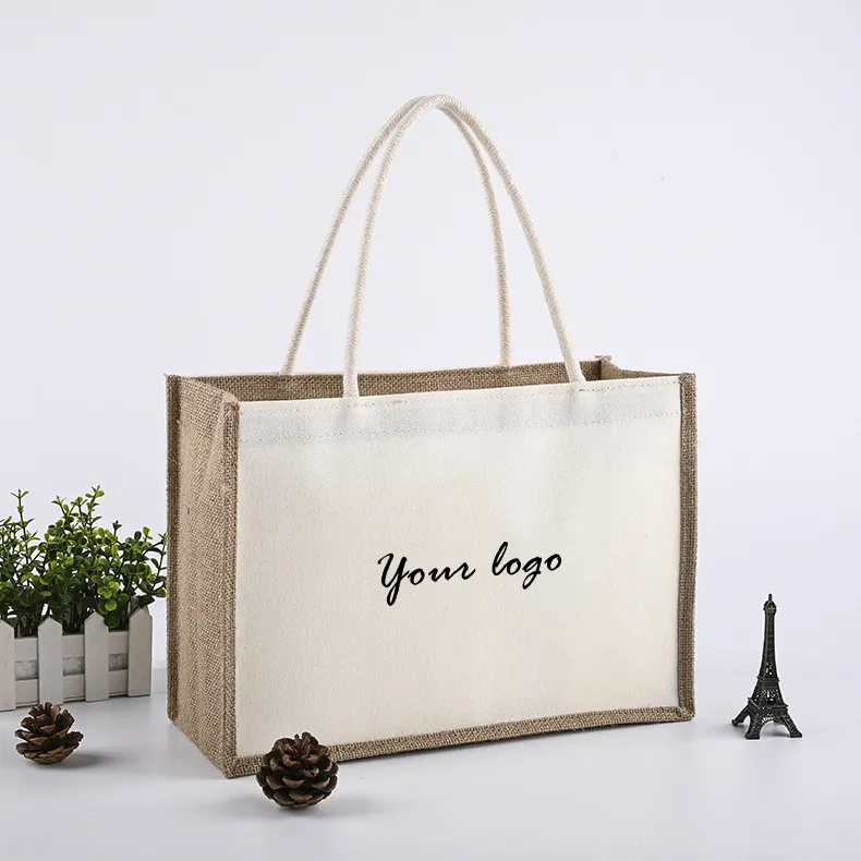 Sac fourre-tout en toile de jute en lin et toile de jute, avec logo personnalisé et bouton