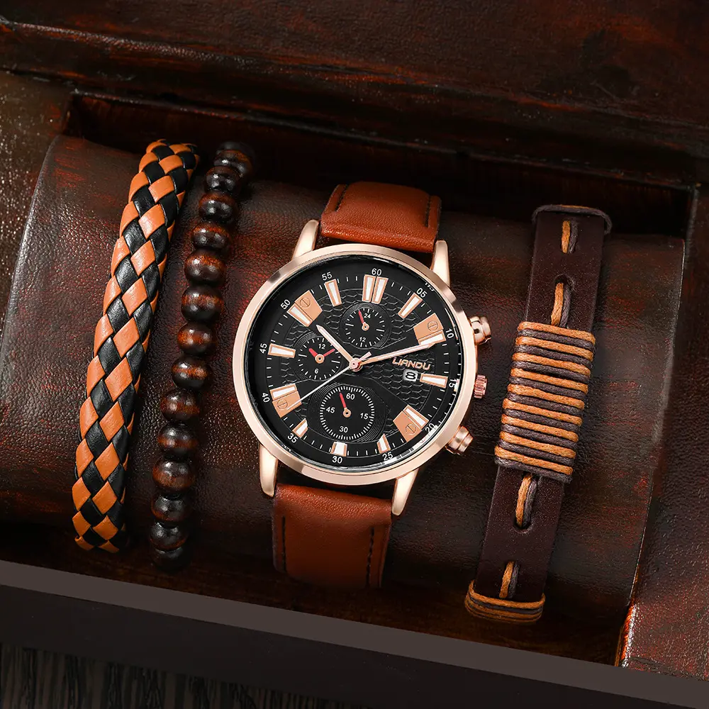 4 Stks/set Merk Horloge Heren Quartz Horloge En Stapelbare Armband Cadeau Set