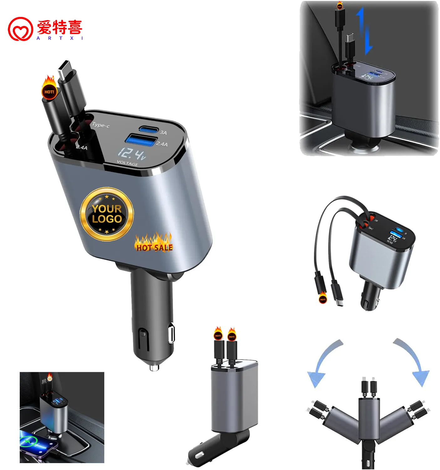 Pengisi daya mobil 120W kabel USB Tipe C dapat ditarik 4 In 1, pengisian cepat untuk pengisian daya cepat, pemantik rokok