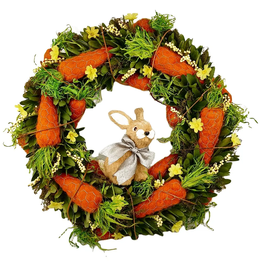 Nuevo diseño Spring Harmony Corona de Pascua hecha a mano Adorable conejito y zanahoria fresca Decoración