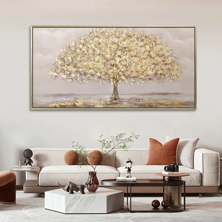 Decoración del hogar 100% pintado a mano hoja de oro árbol arte acrílico pared arte 3D paisaje pintura