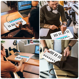 Controlador de teclado MIDI USB de 25 teclas portátil al por mayor con 16 almohadillas retroiluminadas 8 perillas para producción de música blanco frío
