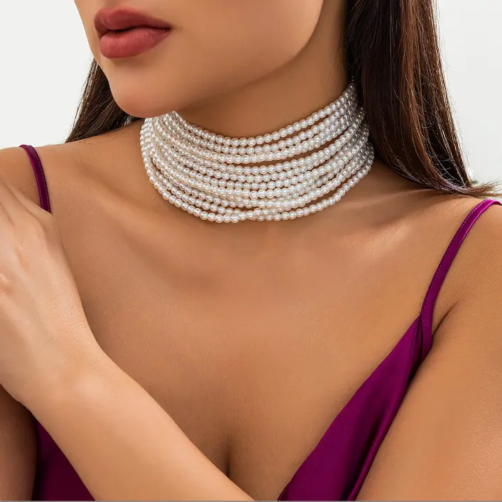 Collar de cadena de cuentas gruesas de perlas de imitación multicapa hecho a mano para mujer, gargantilla de clavícula gótica nupcial, accesorios para el cuello