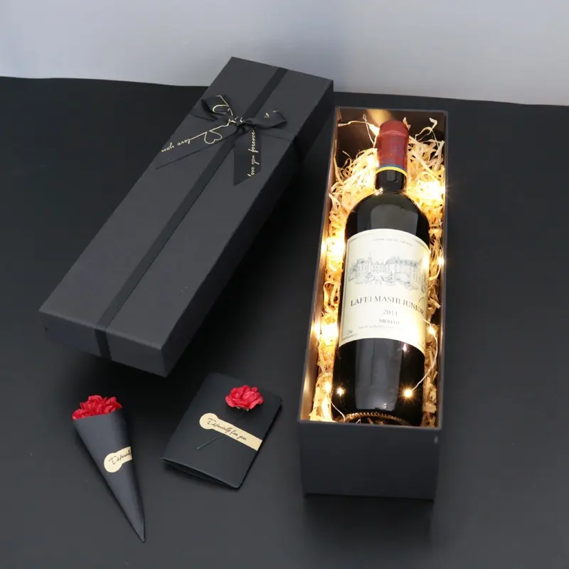 Recyclable custom different sizes standard wholesale luxury lid and base box wine packaging with ribbon