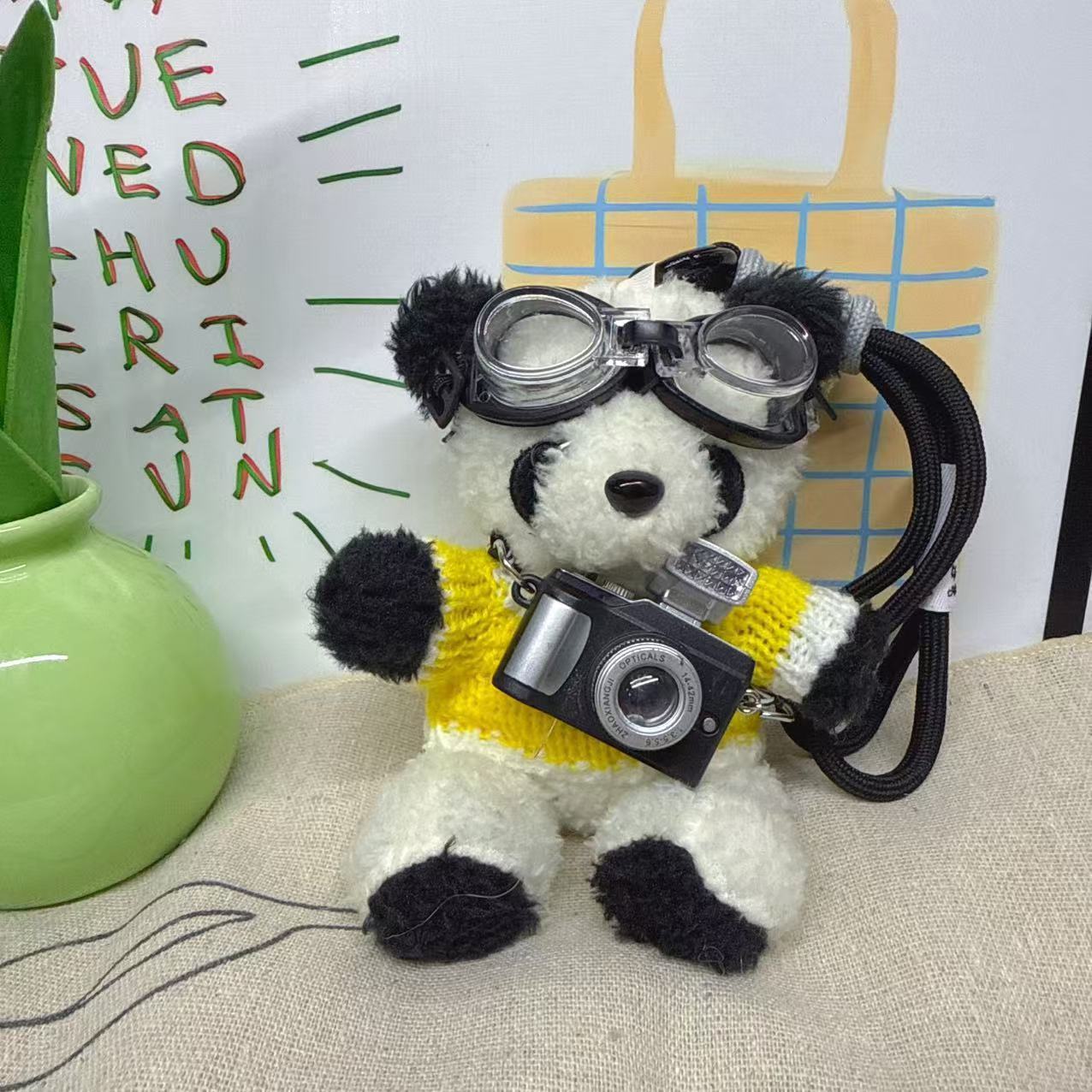 Camera panda yellow white stitching sweater