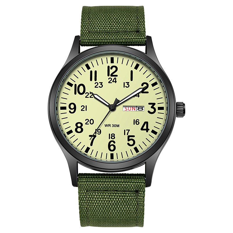 Boîtier vert, bracelet en toile, cadran blanc