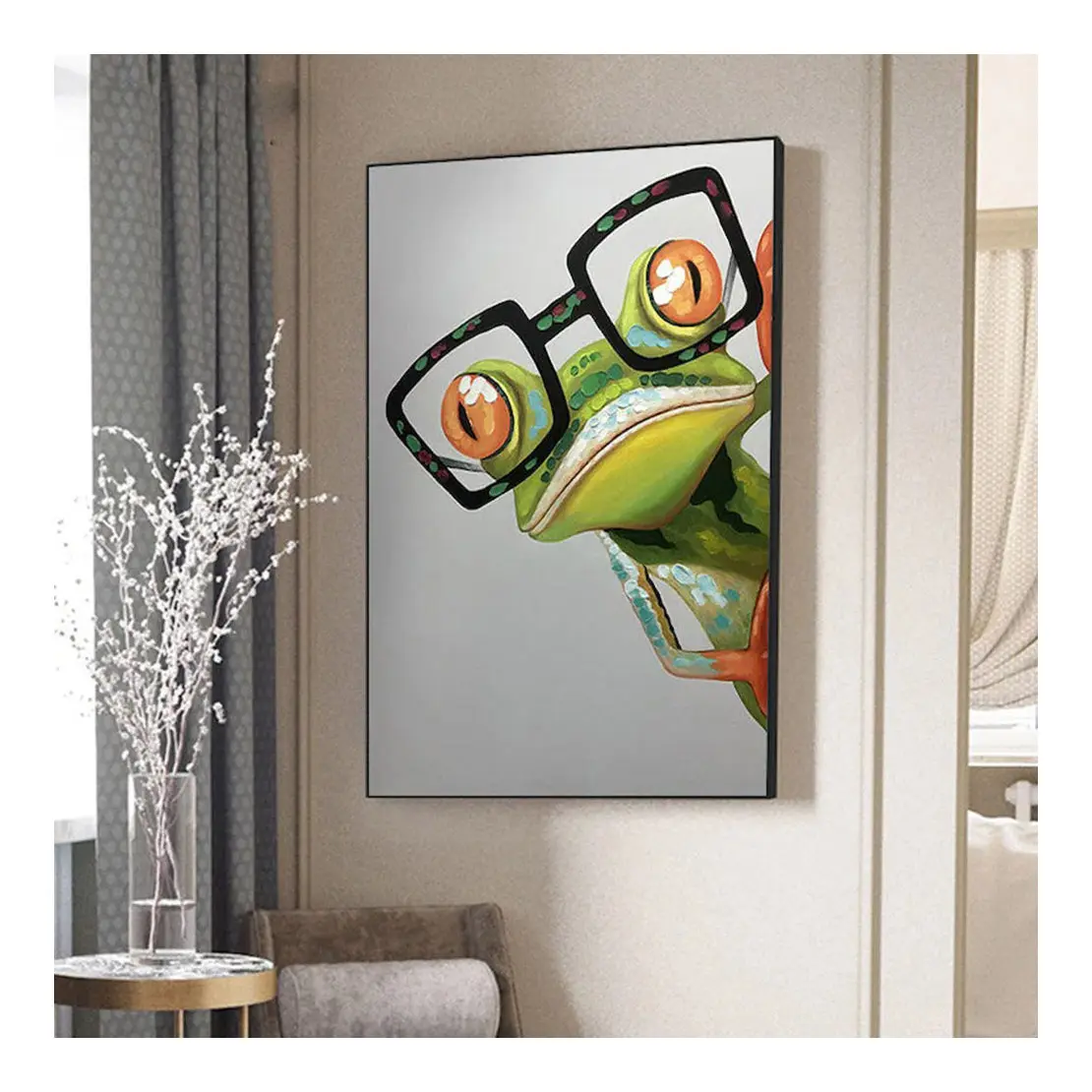 Animal abstrait toile peinture vert lunettes grenouille affiche arbre grenouille texturé dessin animé peinture grand salon mur Art décor
