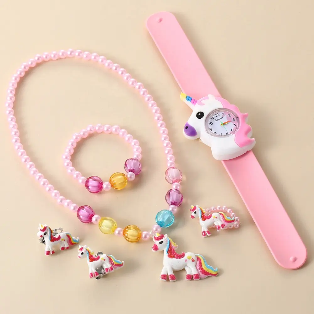 Relógio infantil, conjunto de 6 peças de relógio, para crianças, bonito, desenho, unicórnio, pulseira, conjuntos de relógio, montre enfant