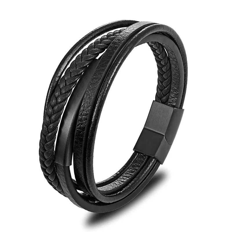 Bracelet multicouche en cuir pour hommes, fait à la main, tressé à chevrons noir