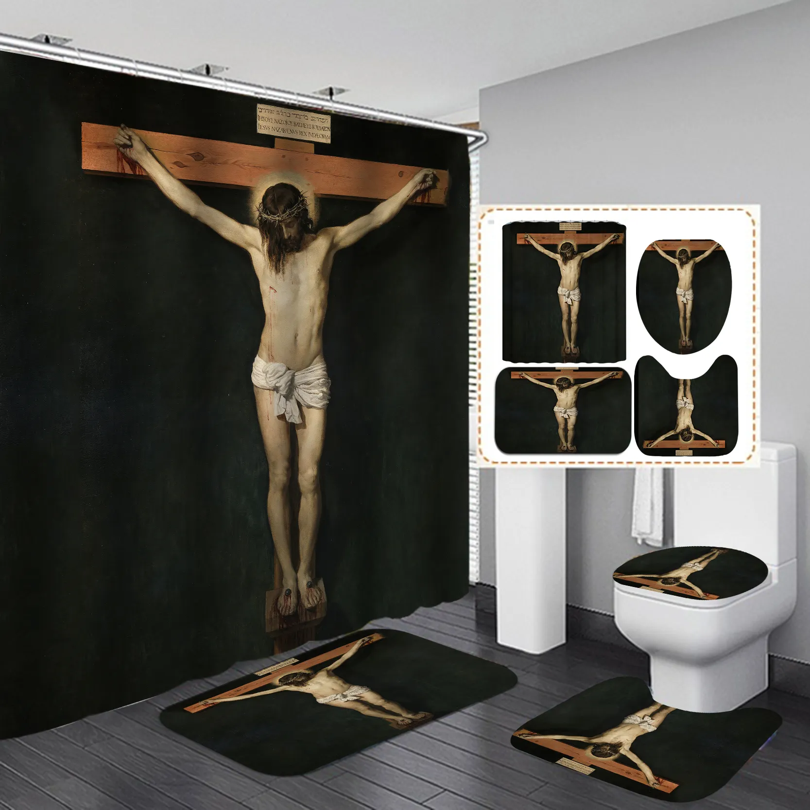 Toptan hıristiyanlık iyi cuma İsa doğum doğuş duş perdeleri banyo setleri özel mesih 4 parça Cortina de ducha
