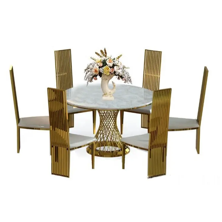 5 Seater conjuntos de mobiliário de aço inoxidável mesa de jantar e cadeira do casamento do ouro