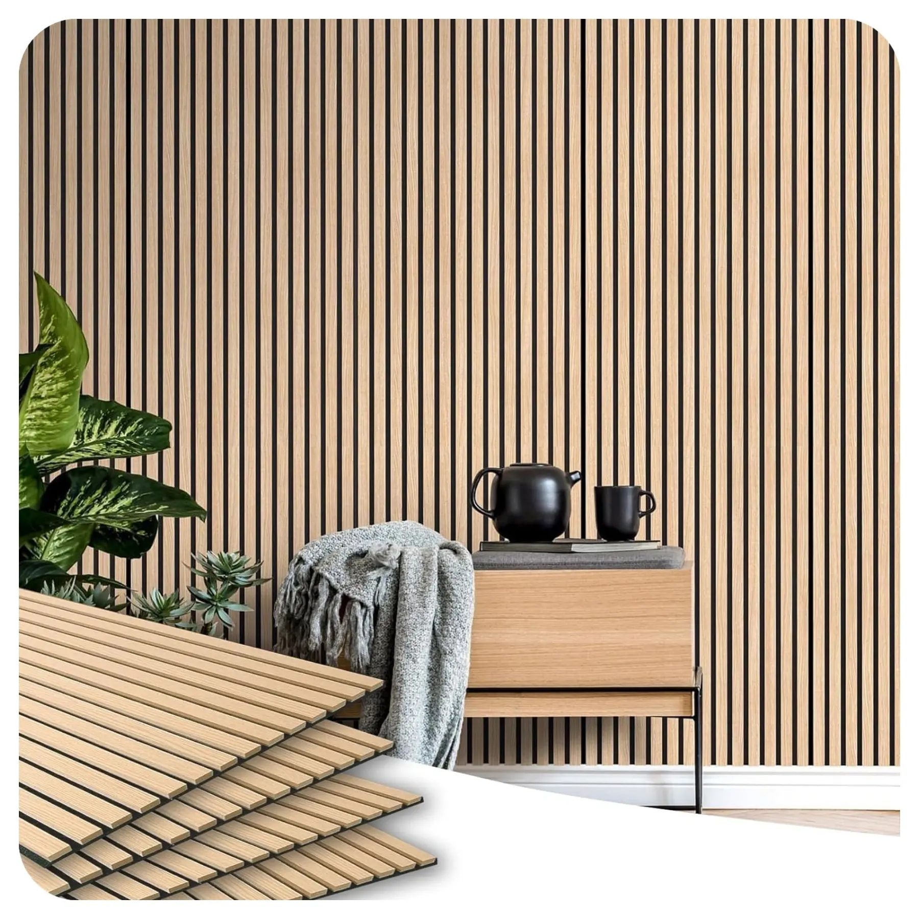 Paneles acústicos de listones de madera MDF de chapa de roble blanco a prueba de sonido decorativos de pared y techo de fácil instalación con panel de fieltro PET