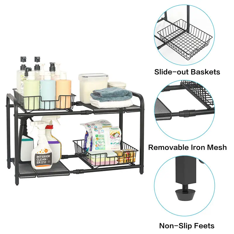 Altezza regolabile 2 livelli tirare fuori mensola di stoccaggio da cucina Rack sotto il lavandino organizzatore per la cucina sotto