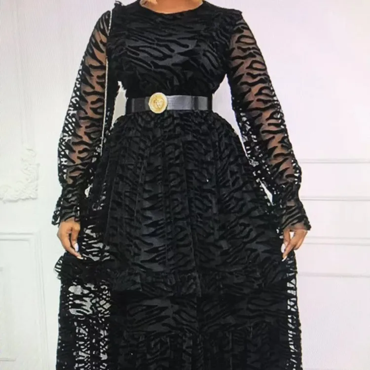 Vestido de noche de malla de manga larga para mujer, elegante, talla grande, tul negro, transparente, para fiesta, otoño e invierno, novedad de 2021