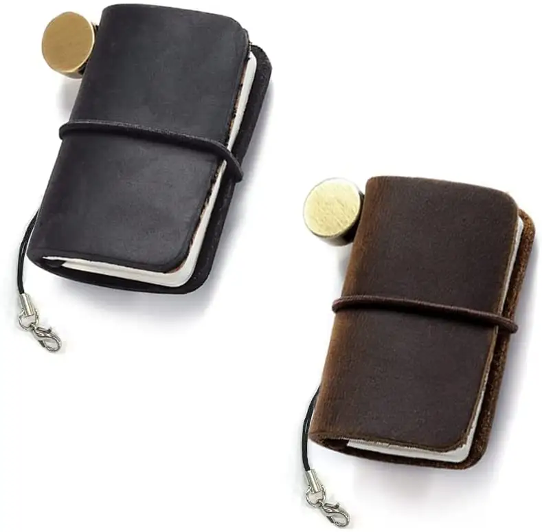 レザーカバーとストラップ付きミニサイズトラベラーズノートブック、詰め替え可能な手作りの小さな旅行ジャーナル、ポケット日記