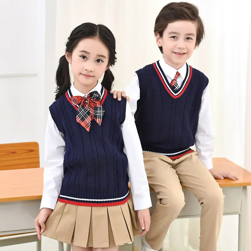 Çocuk kazak yelek bahar ve kış pamuk yeni stil v yaka örme yelek okul üniforması