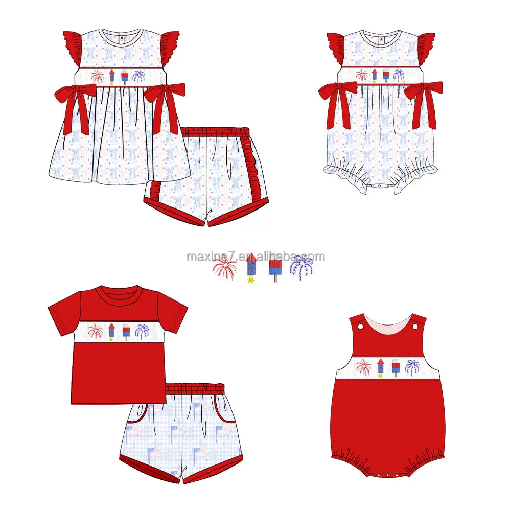 Puresun butik pakaian anak-anak gaun berasap anak perempuan bayi musim panas busana kain 4th USA dan pendek