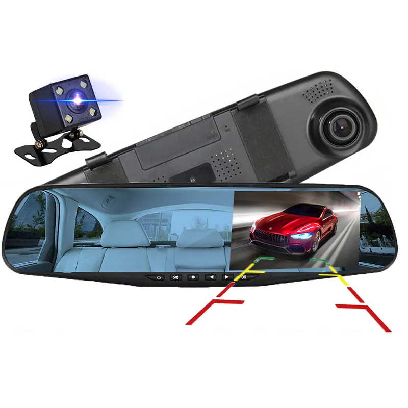 Rijcamera Dubbele Lens Achteruitkijkspiegel 4.3 Inch Achteruitkijkspiegel Vol Hd 1080P Auto Dvr Spiegel Dash Cam Oem Abarth Ips 2 Jaar