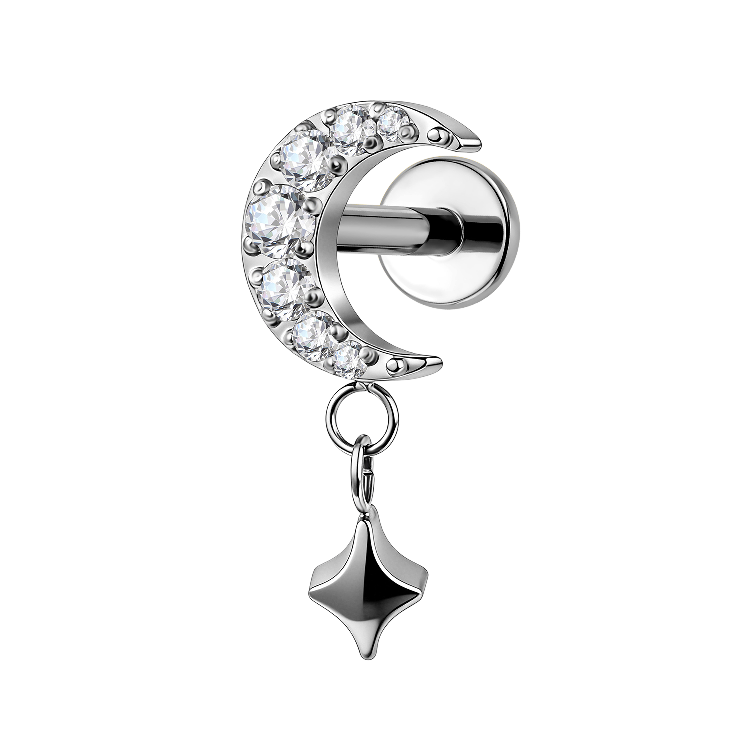 Goujon à dos plat labret lune étoile argentée