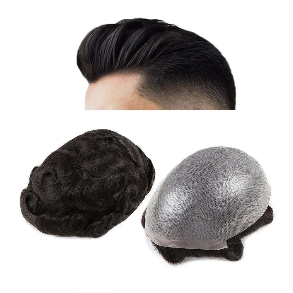 Pelucas de cabello humano con Base de silicona para hombres, tupé, piel fina