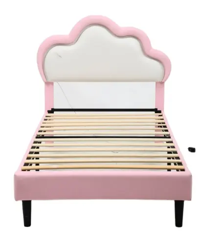 Marco de cama de cuero de madera de fácil montaje para niñas y niños, muebles de dormitorio de cama de princesa Rosa individual para niños