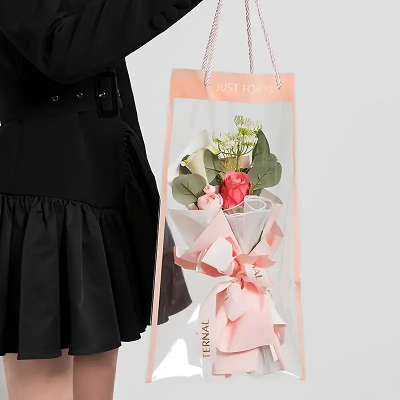 Bolso de embalaje de plástico transparente a prueba de agua, ramo de flores frescas de floristería, bolsa de mano de regalo para el día de la madre