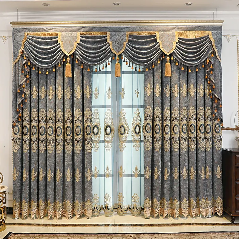 Cortinas bordadas de lujo de estilo americano de alta calidad, cortinas de chenilla bordadas personalizadas para sala de estar